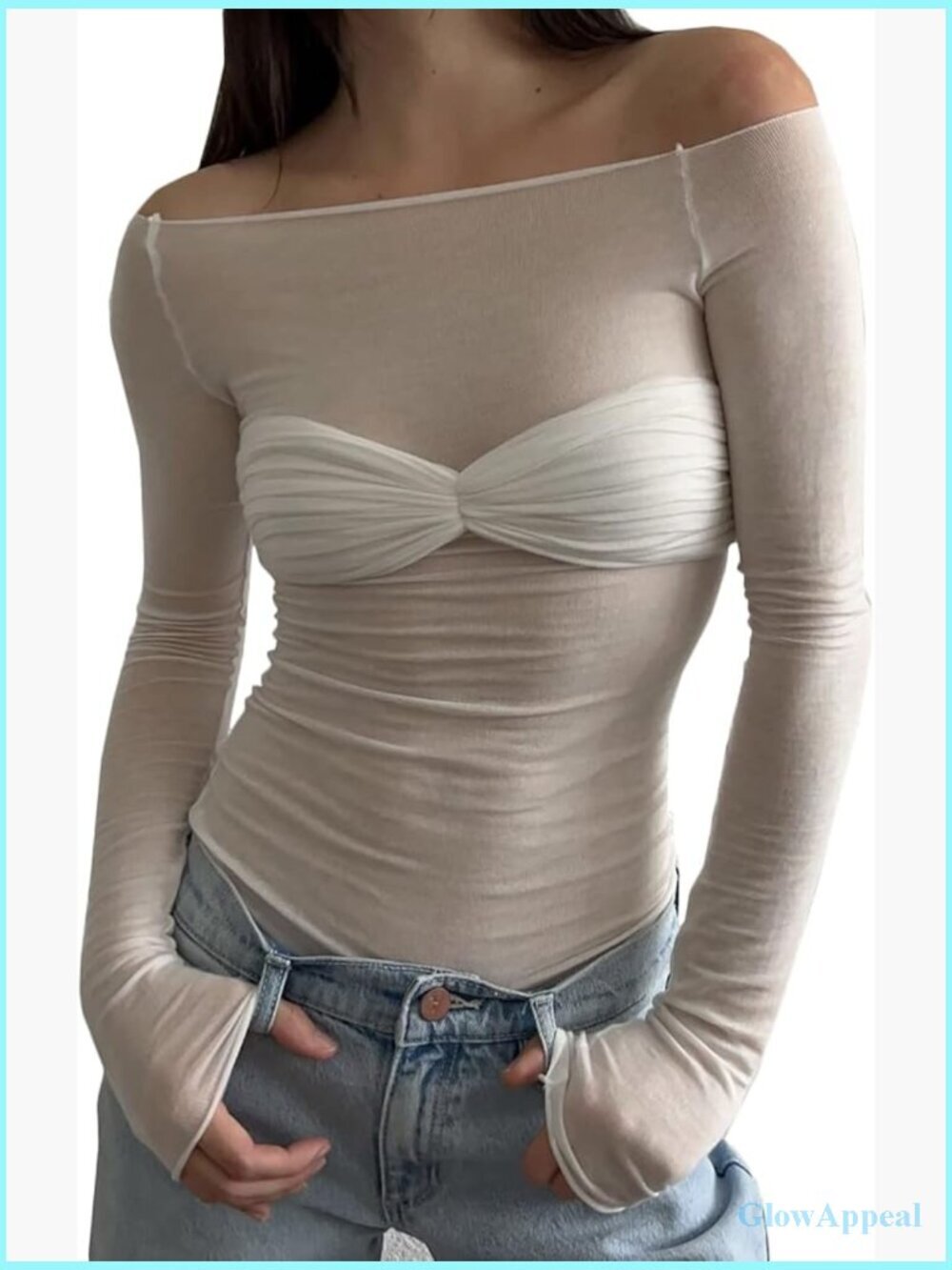 Off Shoulder Long Sleeve Crop Top Mesh Sheer Y2K Going Out Tops